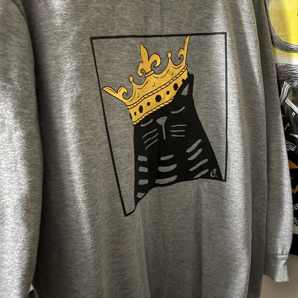 Gray Sweatshirt with Cat and Gold Crown Design